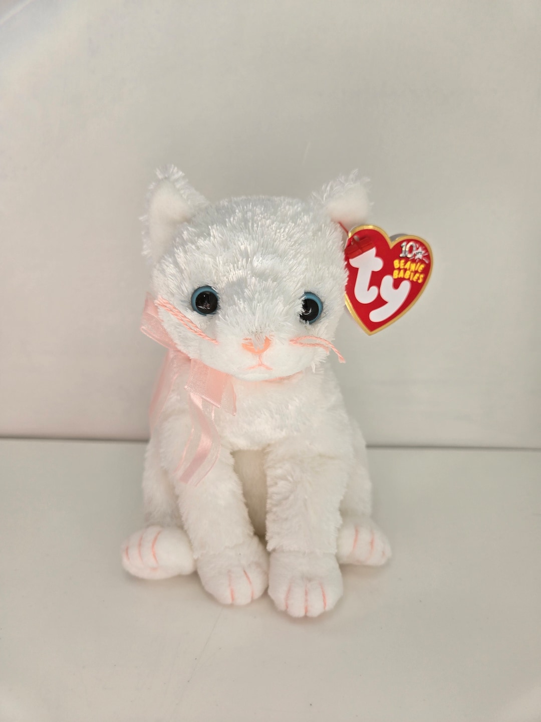 ty Beanie Babies ぬいぐるみ 白猫 バディーズ Ty ビーニーベイビー「ファンシー」ピンクのリボン付き白猫（6
