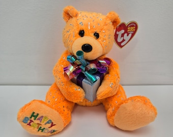 Ty Beanie Baby Orange “Happy Birthday” Bear Holding Present (7.5 inch)