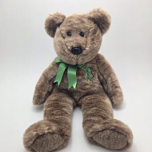 Ty Beanie Buddy “Billionaire” the Bear with Green Bow and Dollar Sign Embroidered on Chest - No Hang Tag (14 inch)