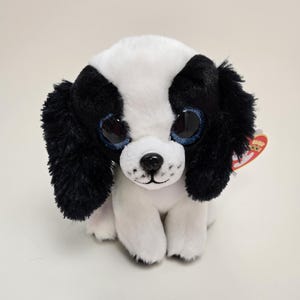 以下が含まれることがあります： 大きな青い目をした黒と白のぬいぐるみ犬。犬は足を体の下に折りたたんで座っています。おもちゃには「Ty」と書かれた赤いタグが付いています。