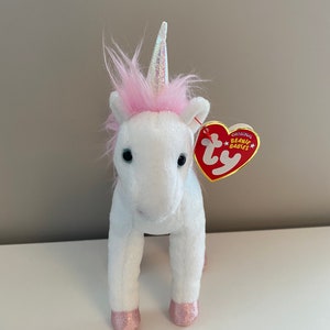 Ty Beanie Baby “Mystic” the Unicorn with Sparkly Pink Fur, Iridescent Horn, and Pink Hooves  *Rare* (7 inch)