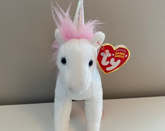 Ty Beanie Baby « Mystic » la licorne avec fourrure rose scintillante, corne irisée et sabots roses * Rare * (7 pouces)