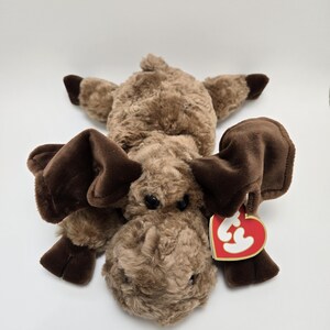 May include: Brown plush moose toy with large floppy ears and a red heart-shaped tag that says "Ty" on it.