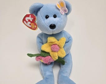 Ty Beanie Baby「ブルーボネット」花を持った青いクマ（8.5インチ
