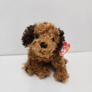 May include: A plush toy dog with brown and dark brown curly fur. The dog has a black nose and small black eyes. A red and white tag is attached to the dog's ear. The toy is sitting on a white surface.