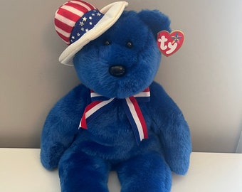 Ty Beanie Buddy “Sam” the Bear with Patriotic Hat - in Blue! (13 inch)