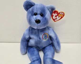 Ty Beanie Baby « Peace » l'ours bleu - Signe de la paix non coloré ! (8,5 pouces)