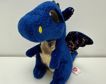 Ty Beanie Boo « Saffire » le dragon bleu et or - Pas d'étiquette volante (6 pouces)