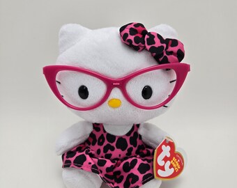 Ty Beanie Baby "Hello Kitty" con occhiali rosa e vestito leopardato rosa (6 pollici)