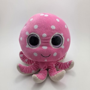 Peluche « Ollie » la pieuvre rose de Ty Beanie Boo avec des yeux scintillants - Pas d'étiquette volante (plus grande, 20 cm)