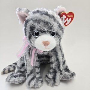 TY Classics Collection “Caviar” the Gray Tabby Cat with Blue Eyes and Pink Bow *Rare* (10 inch)
