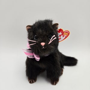 « Héritière » Ty Beanie Baby le chat noir avec un noeud rose ! (6,5 pouces)