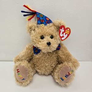 Ty Beanie Baby "Feliz Aniversário", o urso usando um chapéu de festa! (15 cm)