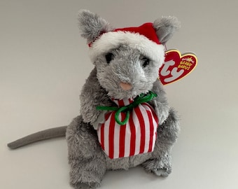Ty Beanie Baby “Jinglemouse”, el ratón gris navideño con regalo (15 cm)