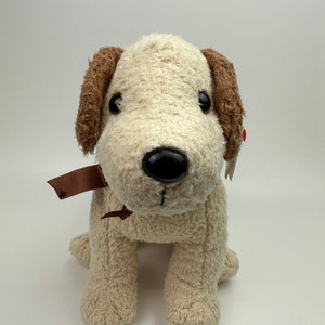 Op de afbeelding: Een witte pluche hond met bruine oren en een bruin lint om zijn nek. De hond heeft zwarte ogen en een zwarte neus.