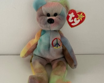 Ty Beanie Baby Peace the Tie-Dye Bear - Canadian Tush Tag! *Actual colours shown* (8.5 inch)