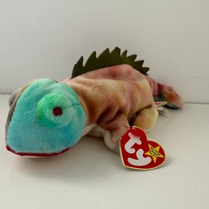 Ty Beanie Baby “Iggy” the Unique Coloured Tie-Dye Iguana Handmade in Indonesia with Canadian Tush Tag! (9 inch)
