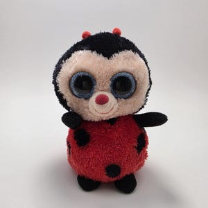 Può includere: Un peluche a forma di coccinella con corpo rotondo rosso a pois neri, arti neri e viso beige. Presenta grandi occhi azzurri scintillanti, un piccolo naso rosa e due piccole antenne rosse sulla testa nera. La consistenza è morbida e pelosa.