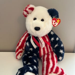 Ty Beanie Buddy “Spangle” White Face Patriotic Bear (14 inch)