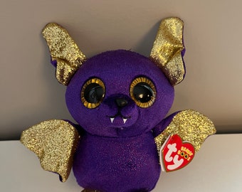 Ty Beanie Boo “Count” the Purple Bat with Gold Wings, Eyes, and Ears (6 inch)