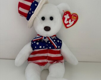 Ty Beanie Baby “Sam” the White American Bear with Patriotic Hat! (8.5 inch)