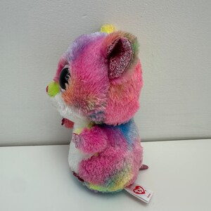 May include: A colorful tie-dye plush toy hamster with large black eyes and a pink glittery ear. The toy has a white belly and a red heart tag that says "Ty".