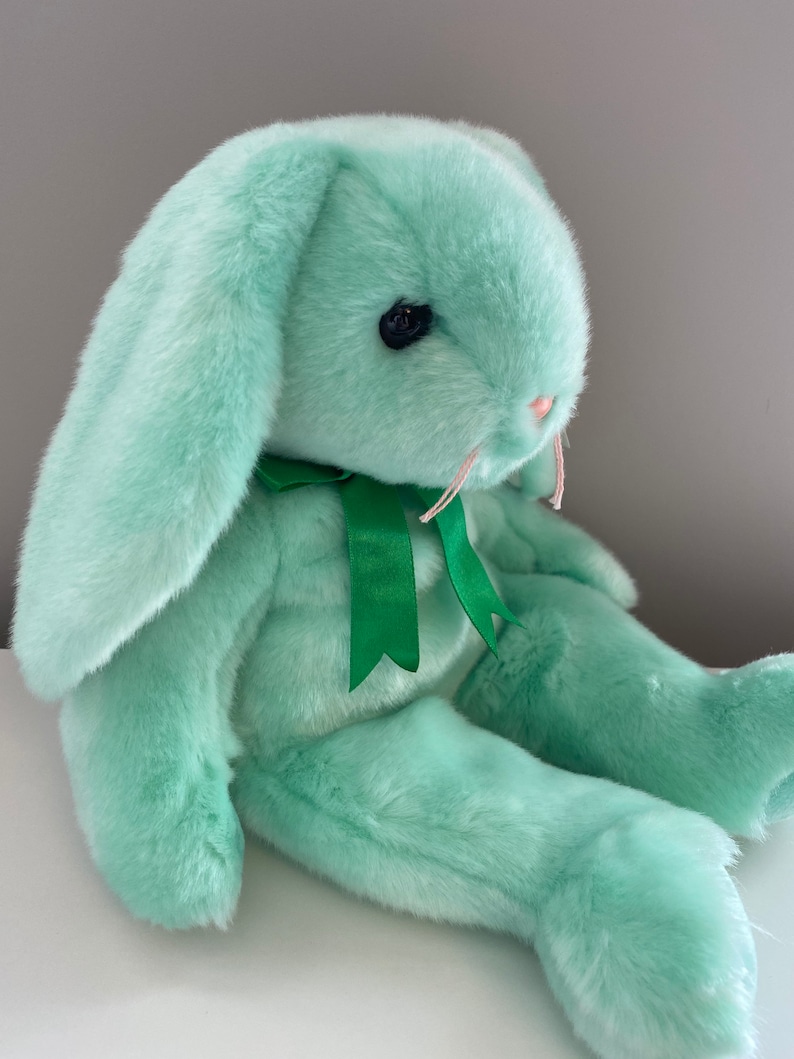 Puede incluir: Un conejito de peluche verde menta con largas orejas ca&iacute;das y una cinta verde atada al cuello. El conejito tiene ojos negros de bot&oacute;n y bigotes rosas. El peluche est&aacute; sentado, con las piernas extendidas.