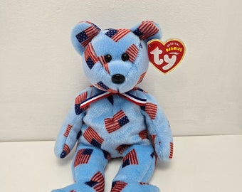 Ty Beanie Baby "Union" de Amerikaanse beer - print van de Amerikaanse vlag - versie met zwarte neus (8,5 inch)