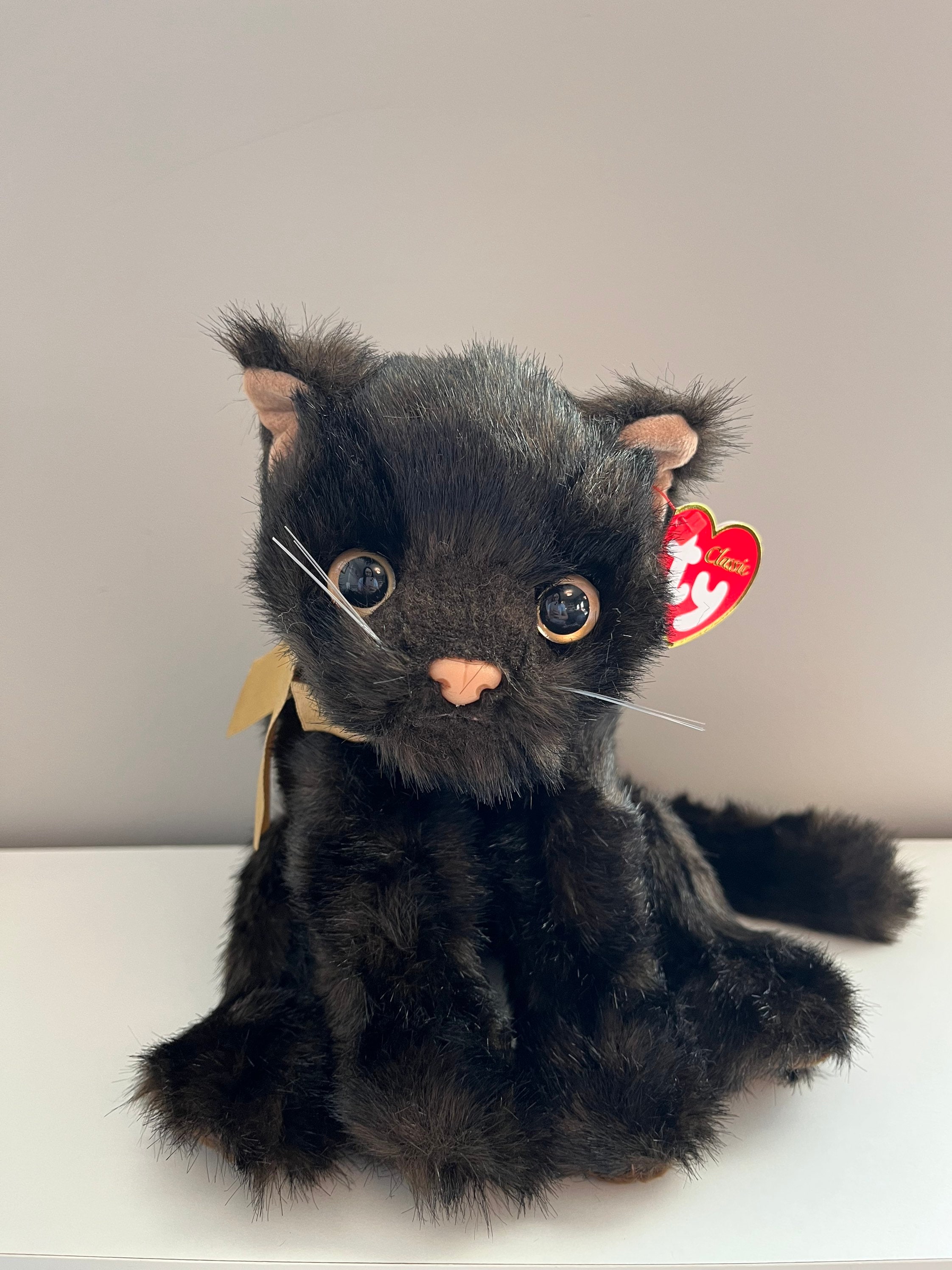 TY Beanie Classic “purrecious” the Black Cat With a Gold Bow 