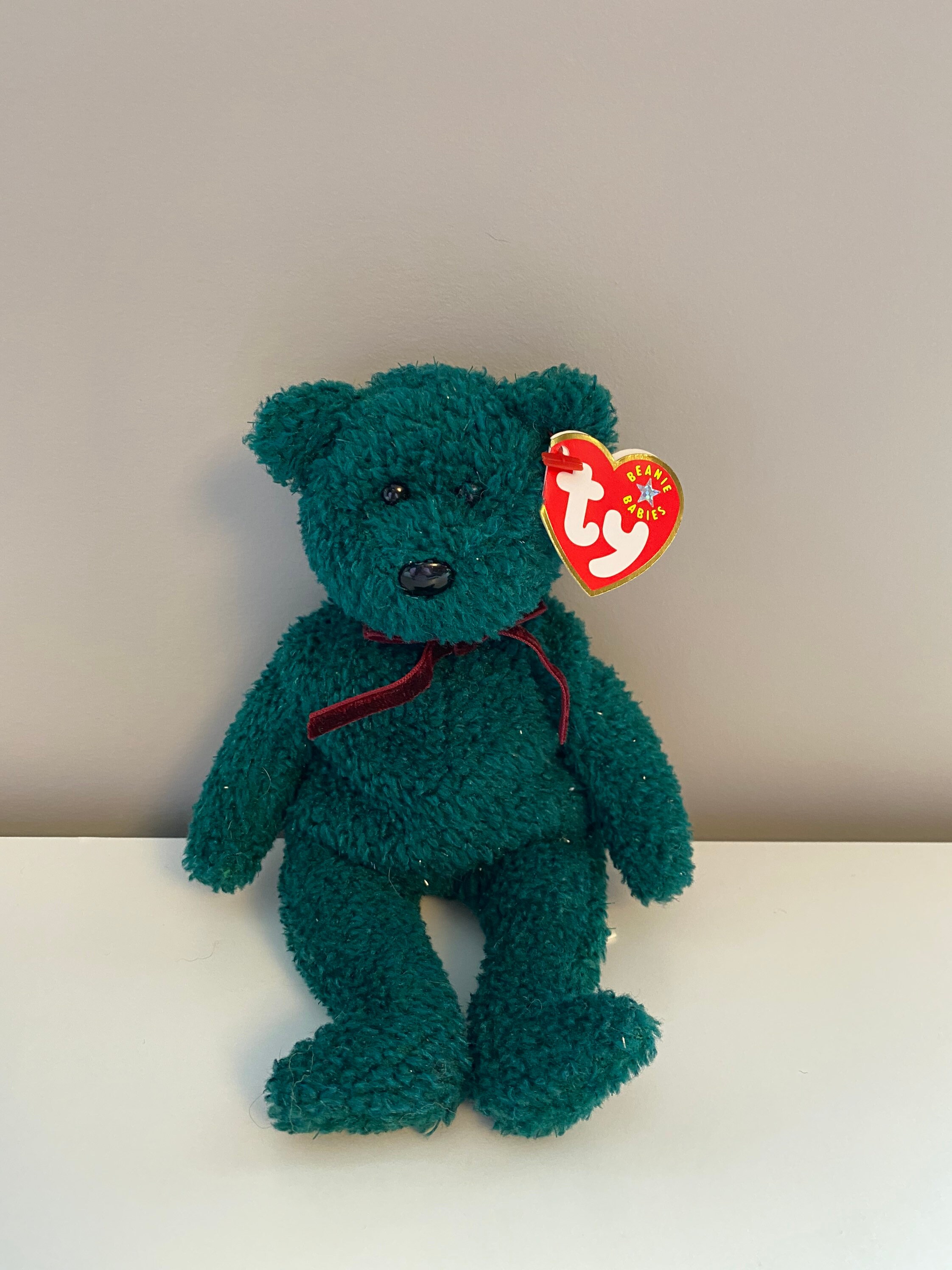 TY Beanie Baby 2001 Holiday Teddy the Green Sparkly Holiday Bear