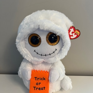 Ty Beanie Boo “Mist” the Ghost holding Trick or Treat Bag - Glitter Eyes - Medium Size (9 inch)