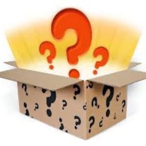 May include: A cardboard box with a brown exterior and black question marks printed on the sides. The box is open, revealing a burst of yellow light and three orange question marks. The image is set against a white background.