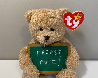 TY Beanie Baby “School Rocks” the Bear Holding a “Recess Rulz” sign - Greetings Collection (5 inch)