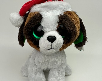 TY Beanie Boo “Presents” the Dog Plush with Santa Hat, Purple Tag RARE (9 inch)
