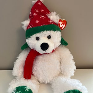 Ty Classics Collection “Fargo” White Bear with Holiday Hat and Scarf (14 inch)
