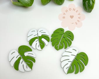 Monstera Deliciosa Set of 4 Coaster | Variegated Plant Coasters for Plant Lovers | 3D Printed Botanical Jungle Decor & Gift | With Holder