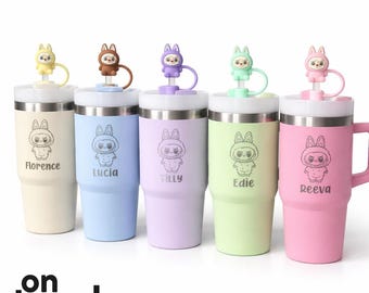 LASER engraved cute furry monsters / take a seat cute character tumbler + handle straw-personalised cup-quencher-14oz stanley inspired style