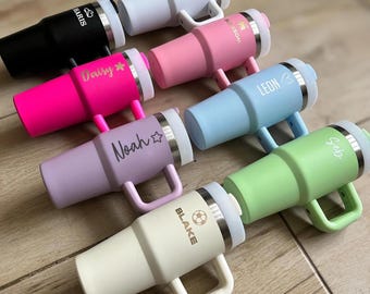 14oz tumbler child Stanley (style) toddler / teen flask with handle and straw -personalised mini-quencher cup - pastels pink inspired