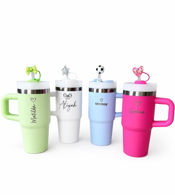 LASER ENGRAVED kids children’s small size travel tumbler flask with handle and straw-personalised mini cup-quencher cup-14oz (Stanley style)