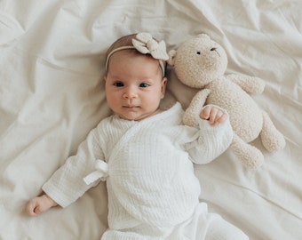 Baby Girl Newborn Coming Home Outfit: White Muslin Kimono + Hair Bow Headband. 100% Cotton Shirt and Pants Clothes Set