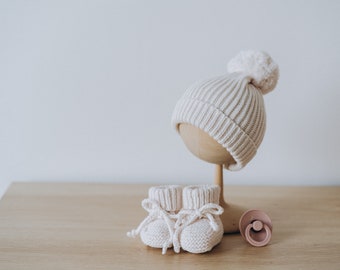 Newborn Outfit - Cotton+Cashmere Knit Hat and Booties. Gender Neutral Baby Shower Gift Idea