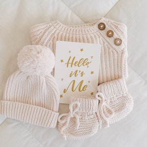 Newborn Coming Home Outfit | Baby Knit Romper, Booties and Pompon Hat. Gender Neutral Gift Idea