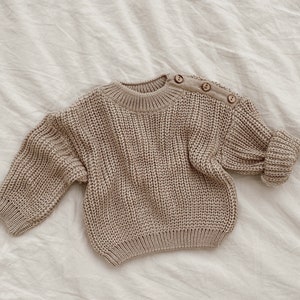 Newborn Oversized Sweater with buttons on the shoulder. Baby First Outfit Knit Chunky Sweater. Newborn Gift Idea