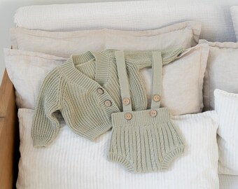 Newborn Coming Home Outfit | Baby Knit Set: Cardigan and Suspender Bloomers 0-3 months. Gender Neutral Gift Idea