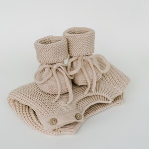 Newborn Take Me Home Outfit: Crochet Booties First Shoes and Oversized Knit Chunky Sweater with Buttons on the Shoulder