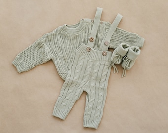 Newborn Coming Home Outfit | Baby Knit Sweater, Suspender Pants and Booties. Gender Neutral Gift Idea