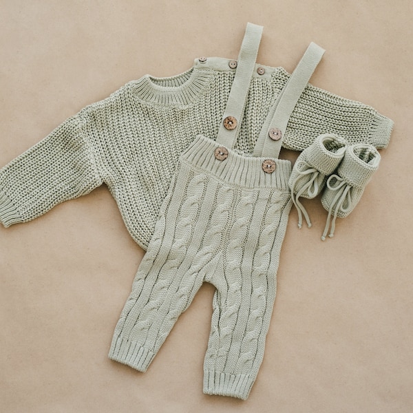 Newborn Coming Home Outfit | Baby Knit Sweater, Suspender Pants and Booties. Gender Neutral Gift Idea