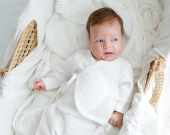 Baby Boy Coming Home Outfit, Baby Muslin Kimono, White Cotton Clothing Set, Gender Neutral Baby Gift Idea