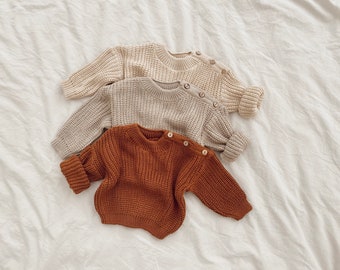 Newborn Oversized Sweater with buttons on the shoulder. Baby First Outfit Knit Chunky Sweater. Gender Neutral Gift Idea