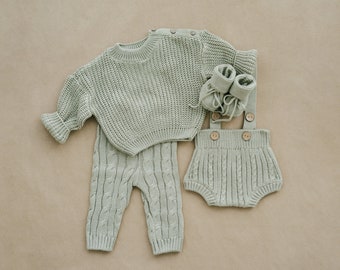 Newborn Coming Home Outfit | Baby Knit Sweater, Suspender Pants, Bloomers, Hat and Booties. Gender Neutral Gift Idea